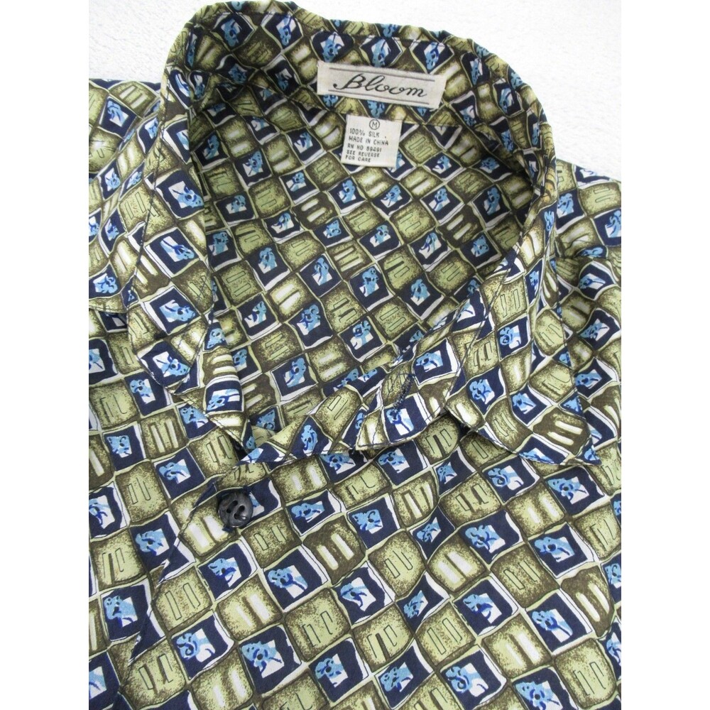 Bloom Shirt Men's Medium Button Front 100% Silk Short Slv Geometric Green Blue